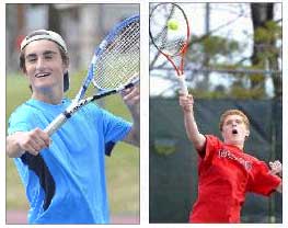 Conner Sullivan, left, and Jack Tierney are part of the second doubles team at Cape Elizabeth. “Whomever we play, we never get angry or frustrated with each other,” said Sullivan. Gordon Chibroski/Staff Photographer