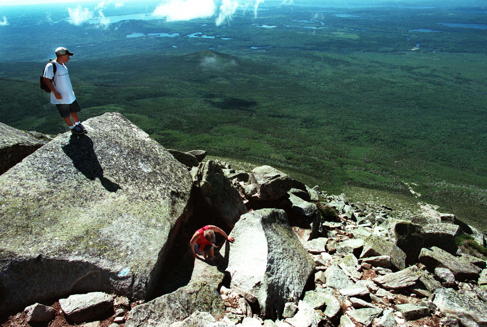1997 Press Herald File Photo Hikers near the end of the Abol Trail during a climb up Mount Katahdin. The trail was mostly obliterated by a rock slide this spring.