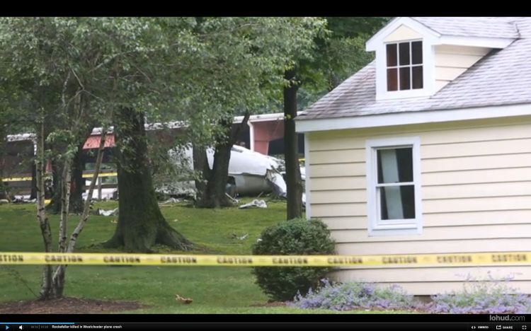 This image captured from video shows the crash site of Richard Rockefeller's plane in Purchase, N.Y.