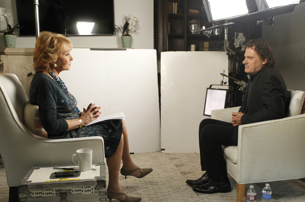 This June 22, 2014 photo provided by ABC shows Barbara Walters, left, during an interview in Los Angeles with Peter Rodger, the father of Elliot Rodger, the 22 year old who killed six people, injured 13, before taking his own life near the campus of the University of California, on May 23, in Santa Barbara, Calif.
