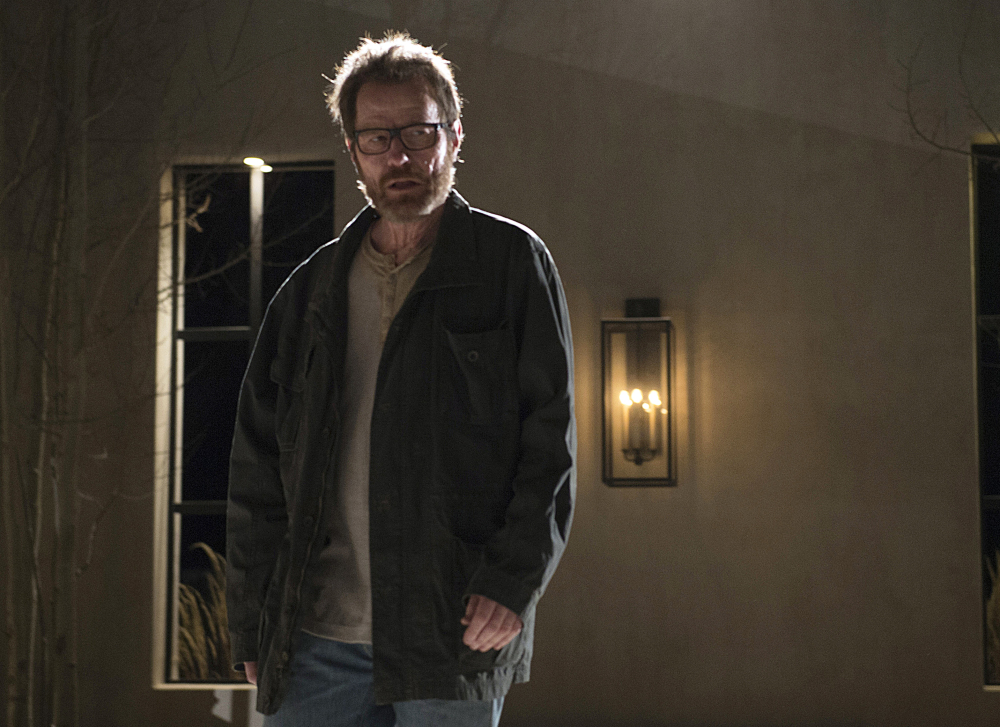 This image released by AMC shows Bryan Cranston as Walter White in a scene from the series finale of “Breaking Bad.” AMC said Tuesday that it will fill its Sunday night schedule for nearly two months with reruns of the popular series that starred Cranston, which aired its last original episode in September 2013. Every episode will be shown during the network’s “Breaking Bad Binge.”