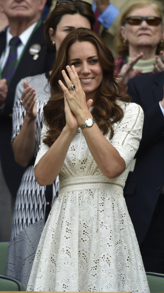 Kate, Duchess of Cambridge watches from the Royal Box on centre court the men’s singles quarterfinal match between Grigor Dimitrov of Bulgaria and Andy Murray of Britain.