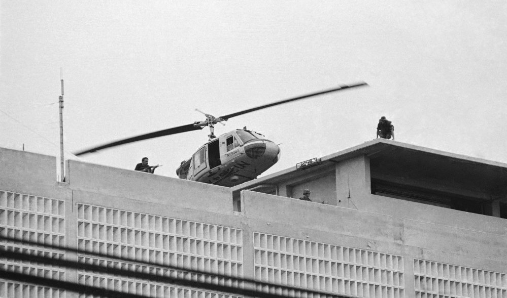 A U.S. Marine helicopter takes off from the American Embassy in Saigon, Vietnam, on April 30, 1975.