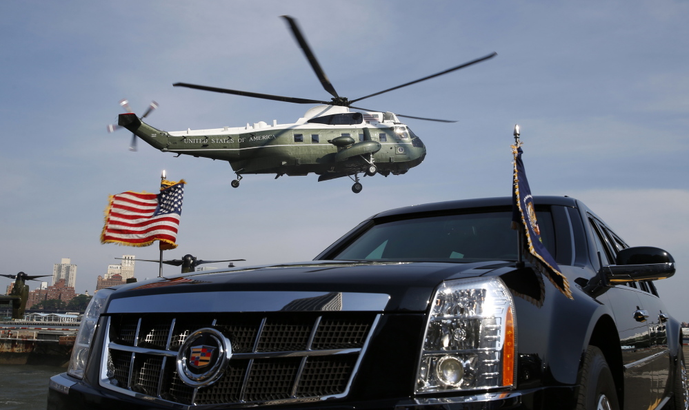 Marine One lands behind the presidential limousine as President Obama arrives in New York City last month. When bidding opened for the contract to make another of these helicopters, only one company came forward. Pentagon acquisitions officials say competition would drive prices down, but the percentage of competed contracts is down.