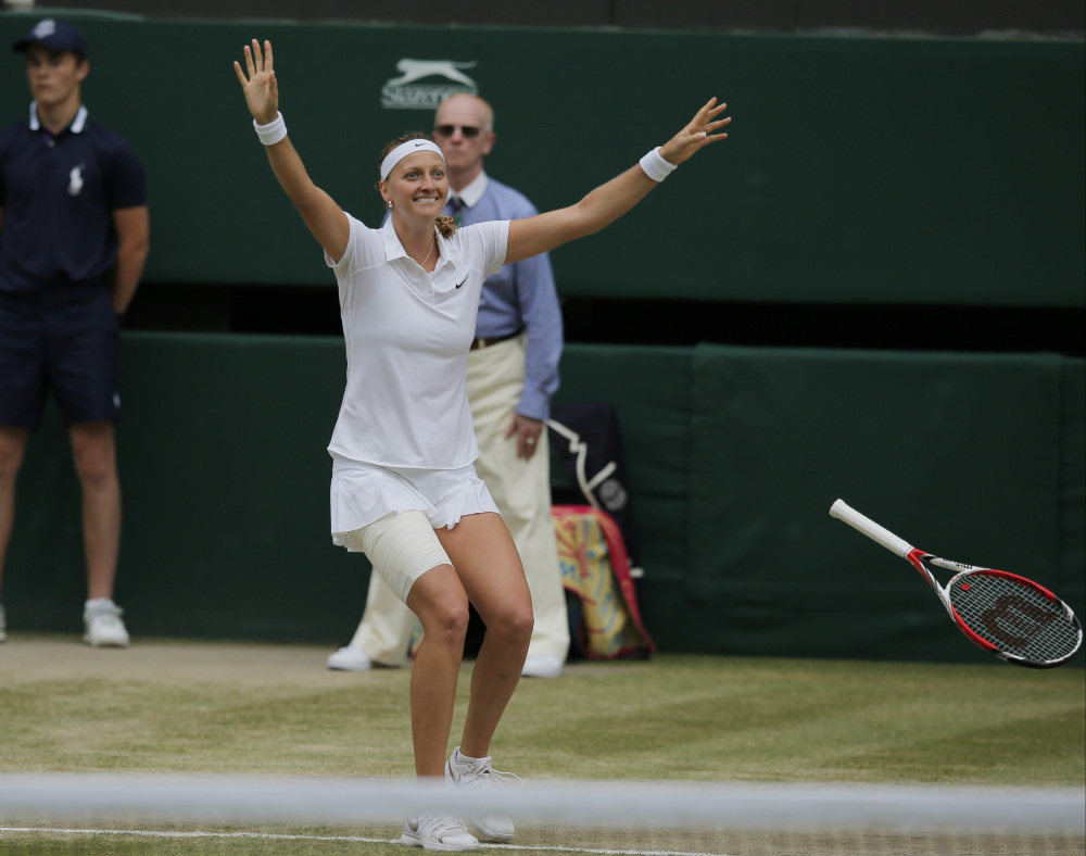 Petra Kvitova celebrates after defeating Eugenie Bouchard in the women’s singles final at Wimbledon on Saturday.