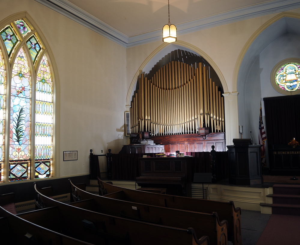 The pipe organ at the former Gardiner Congregational Church would remain even if David Boucher and Kristina Nugent are able to turn the church into a hard-cider brewery.