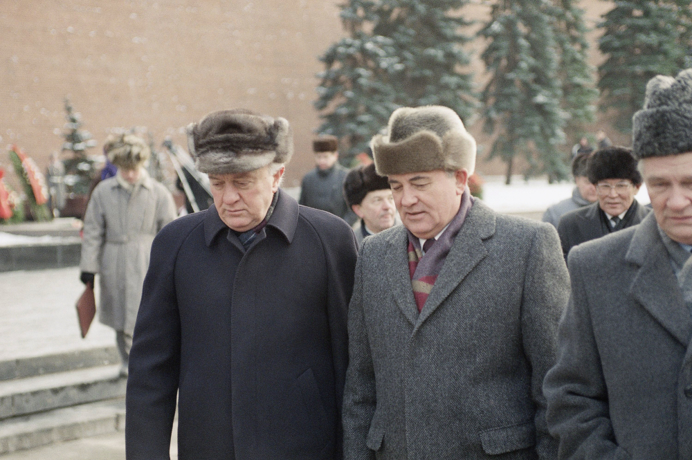 Soviet President Mikhail Gorbachev, right, and Soviet Foreign Minister Eduard Shevardnadze talk on their way to a wreath laying ceremony commemorating the 50th anniversary of the Battle of Moscow during World War II in this December 1991 photo.
