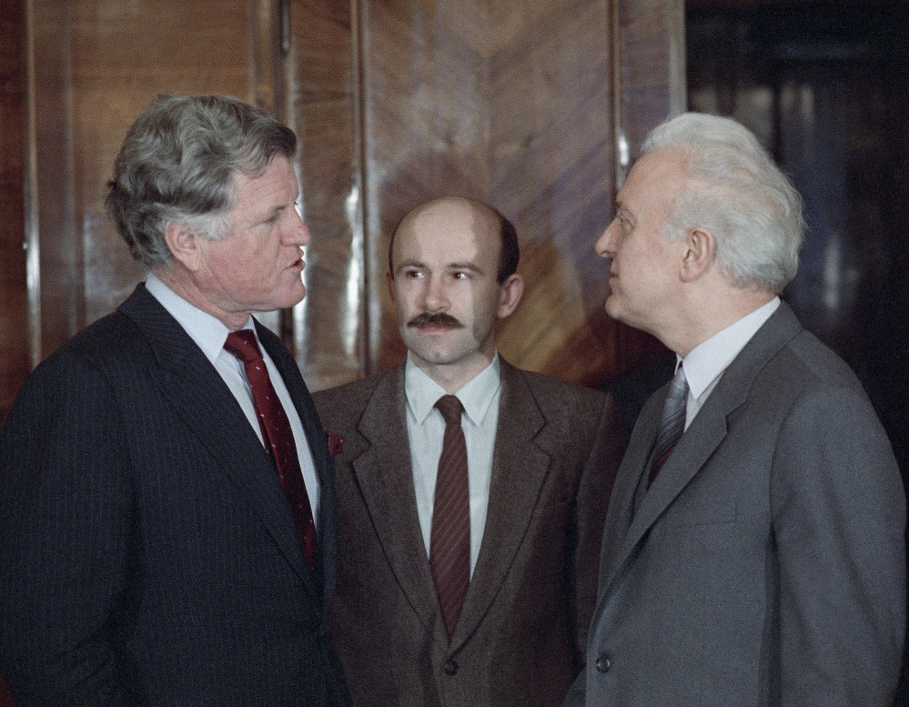 Sen. Edward M. Kennedy, left, meets with Soviet Foreign Minister Eduard Shevardnadze in Moscow in this February 1986 photo.