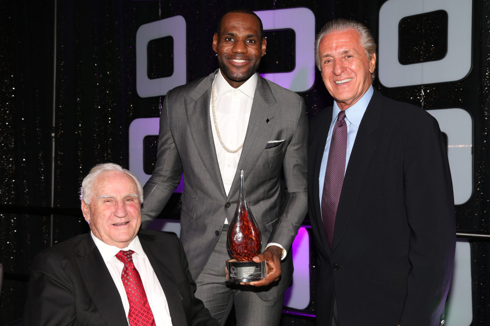 LeBron James of the Miami Heat, poses with Don Shula, left, and Pat Riley, president of the Miami Heat, this year.