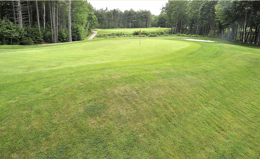 The 13th hole at Nonesuch River, a par 4, includes a green that has a steep drop-off for shots that are too long from the dogleg. The course is in its 18th season.