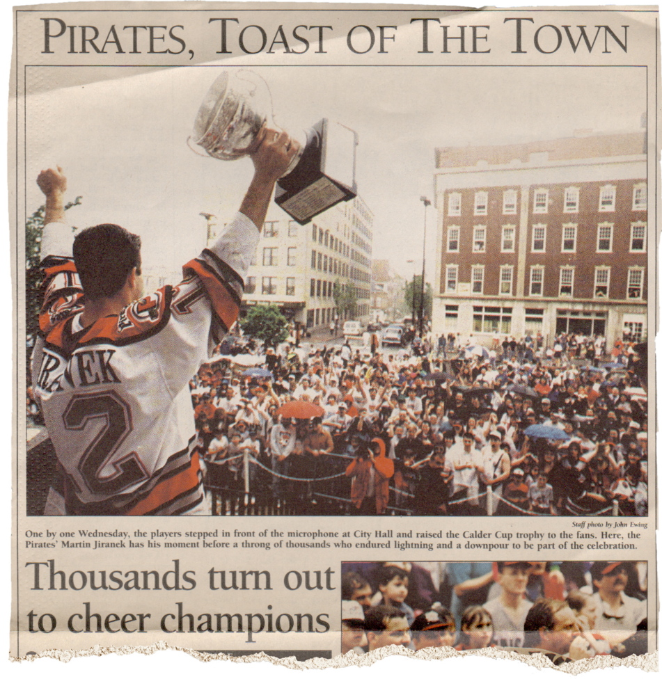 The sports section of the Portland Press Herald displayed the victory celebration after the Pirates won the Calder Cup in 1994.