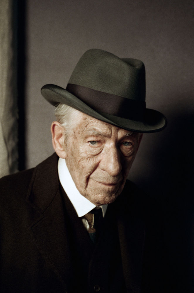 British actor Ian McKellen poses on the first day of filming for “Mr. Holmes,” in which he portrays a 93-year-old Sherlock.