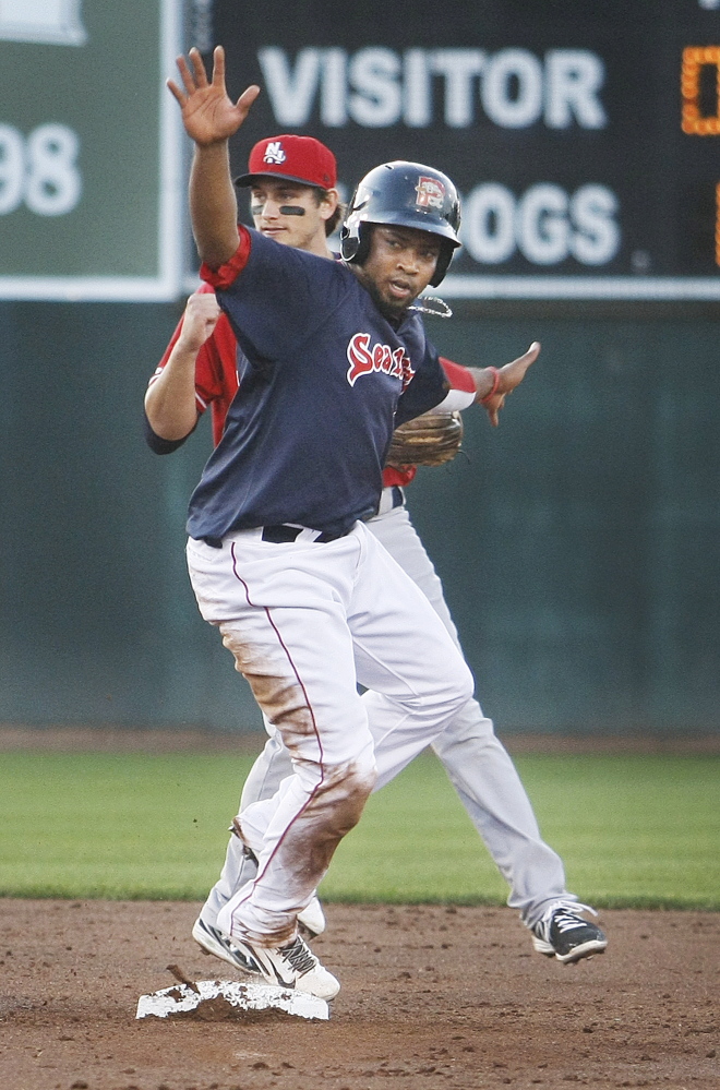 Keury De La Cruz looks for safe call at second base on an attempted stolen base, only to get the bad news that he didn’t beat the tag by Fisher Cats second baseman Jorge Flores.
