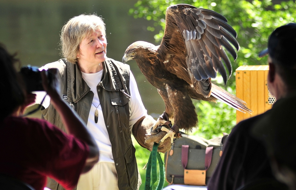 Wind Over Wings founder Hope Douglas talks about a golden eagle named Skywalker during an educational event Saturday on Swan Island.