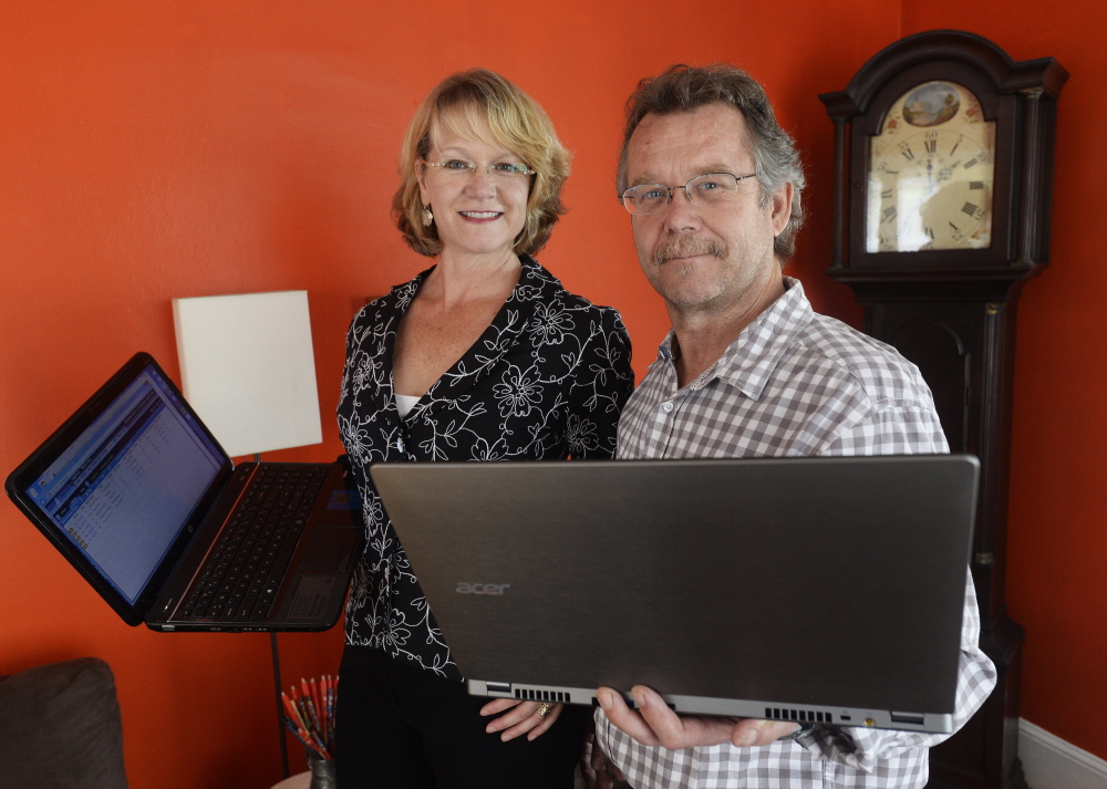 Realty owner Hannah Holmes and her husband, John Dorvee, use the Internet at their home in South Portland. “The argument that somebody should be able to watch a Netflix movie in flawless high-definition, at the potential expense of someone making a colossal life decision, just rubs me the wrong way,” she said.