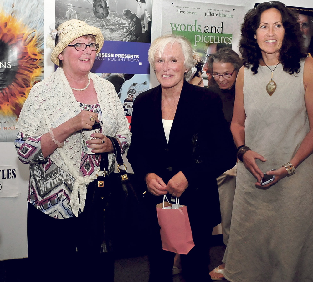 Actress Glenn Close, center, is flanked by Cheryl McKenney, left, and Arleen King-Lovelace after speaking with fans in Waterville. Close received the Maine International Film Festival’s Mid-Life Achievement award.
