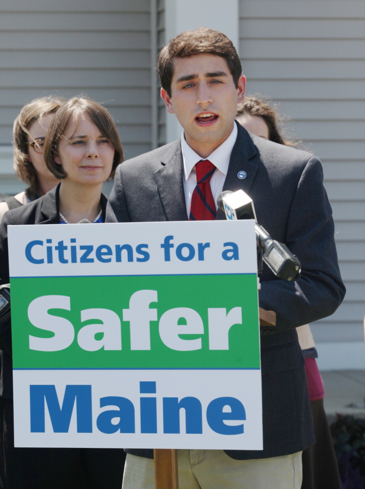 David Boyer, Maine political director of the Marijuana Policy Project, speaks at a news conference Monday outside of South Portland City Hall. At his left is Democratic U.S. Senate candidate Shenna Bellows.

Joel Page/Staff Photographer
