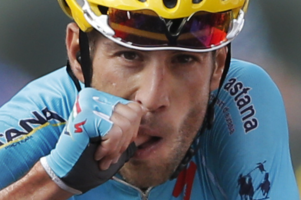 Italy’s Vincenzo Nibali sucks his thumb as he crosses the finish line to win the tenth stage of the Tour de France cycling race over 161.5 kilometers (100.4 miles) with start in Mulhouse and finish in La Planche des Belles Filles, France, Monday.