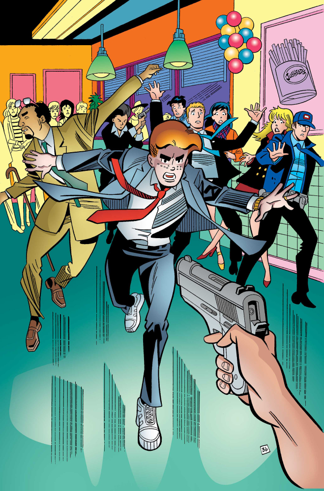 In this image furnished by Archie Comics, Archie tries to foil an assassination attempt in “Life with Archie,” issue 37.

The Associated Press