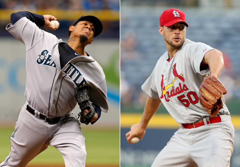 This combination made from file photos shows Seattle Mariners starting pitcher Felix Hernandez, left, and St. Louis Cardinals starting pitcher Adam Wainwright. Hernandez will start Tuesday night’s All-Star game for the American League and Wainwright will open for the National League.