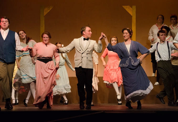 Performing in “Music Man” are, from left, Marcellus played by Robert Collinge; Ethel played by Samantha Bagdon; Harold Hill played by Dan Clay; and Marian played by Sarah Andrews.