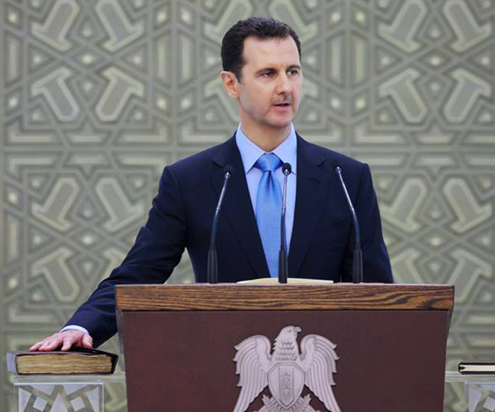 Syria’s President Bashar Assad is sworn for his third seven-year term, in Damascus, Syria, on Wednesday.