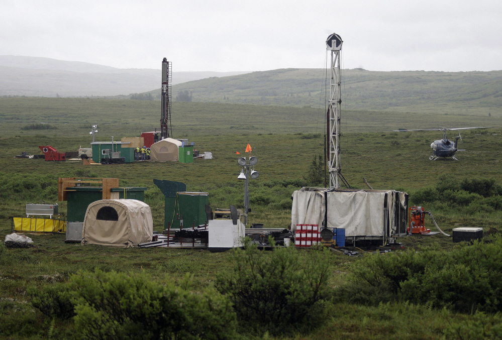 Workers with the Pebble Mine project test-drill in the Bristol Bay region of Alaska near the village of Iliamma in this 2007 photo.