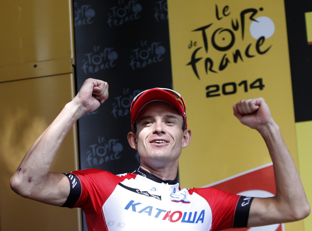 Stage winner Norway’s Alexander Kristoff celebrates on the podium of the 15th stage of the Tour de France on Sunday.