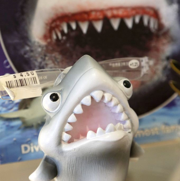 An eyeglass holder in the shape of a shark rests on a shelf in a souvenir shop in Chatham, Mass.