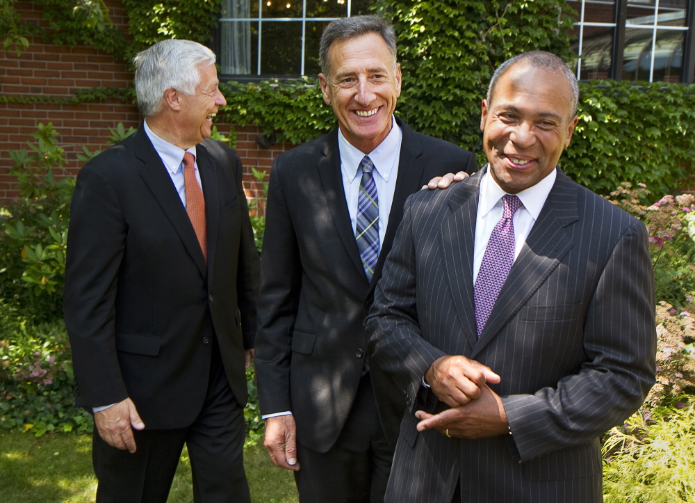 Maine Democratic gubernatorial candidate Mike Michaud, Gov. Peter Shumlin of Vermont and Gov. Deval Patrick of Massachusetts share a light moment after a news conference Monday at the Cumberland Club in Portland.