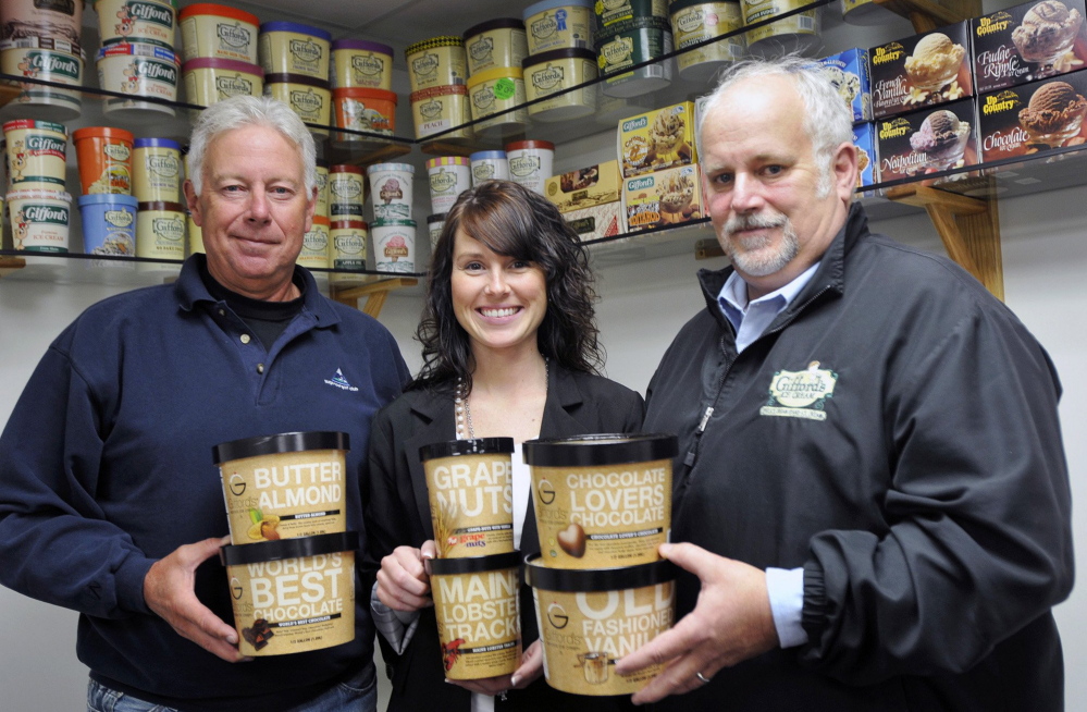 Roger Gifford, Lindsay Gifford-Skilling and John Gifford are shown at Gifford’s Ice Cream in Skowhegan. Gifford’s was served at the office of Maine Sen. Angus King as the company works to open a new market in Washington.