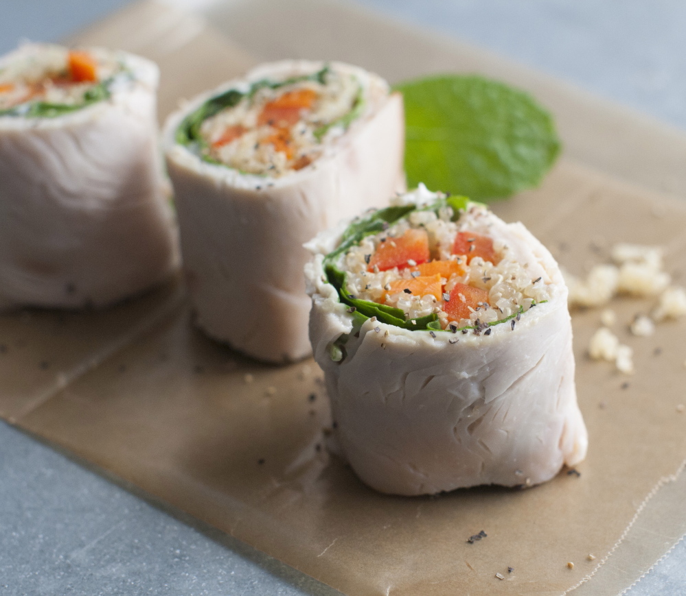 Quinoa substitutes for the rice in these lunchbox turkey rollups, a gluten-free option modeled on the traditional sushi roll.