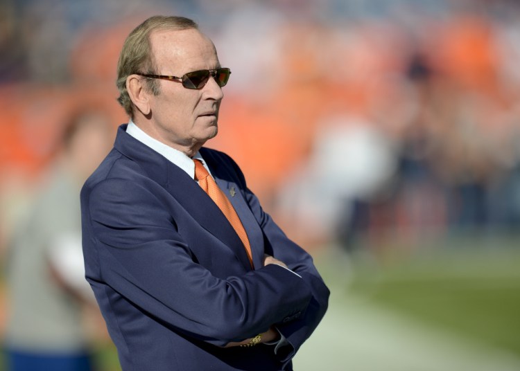 In this Dec. 2, 2012 file photo, Denver Broncos owner Pat Bowlen watches as the Broncos warm up before an NFL football game against the Tampa Bay Buccaneers in Denver.