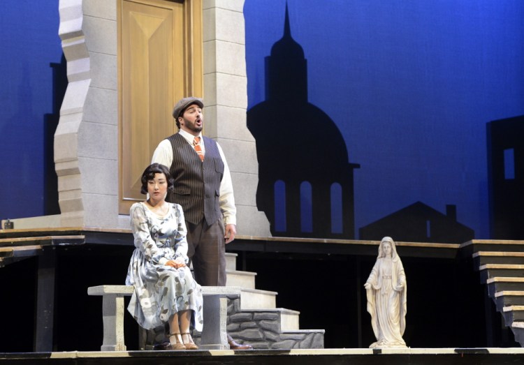 Anthony Kalil plays the Duke of Mantua and Hae Ji Chang portrays Gilda in the PORTopera’s production of “Rigoletto” at Merrill Auditorium in Portland.