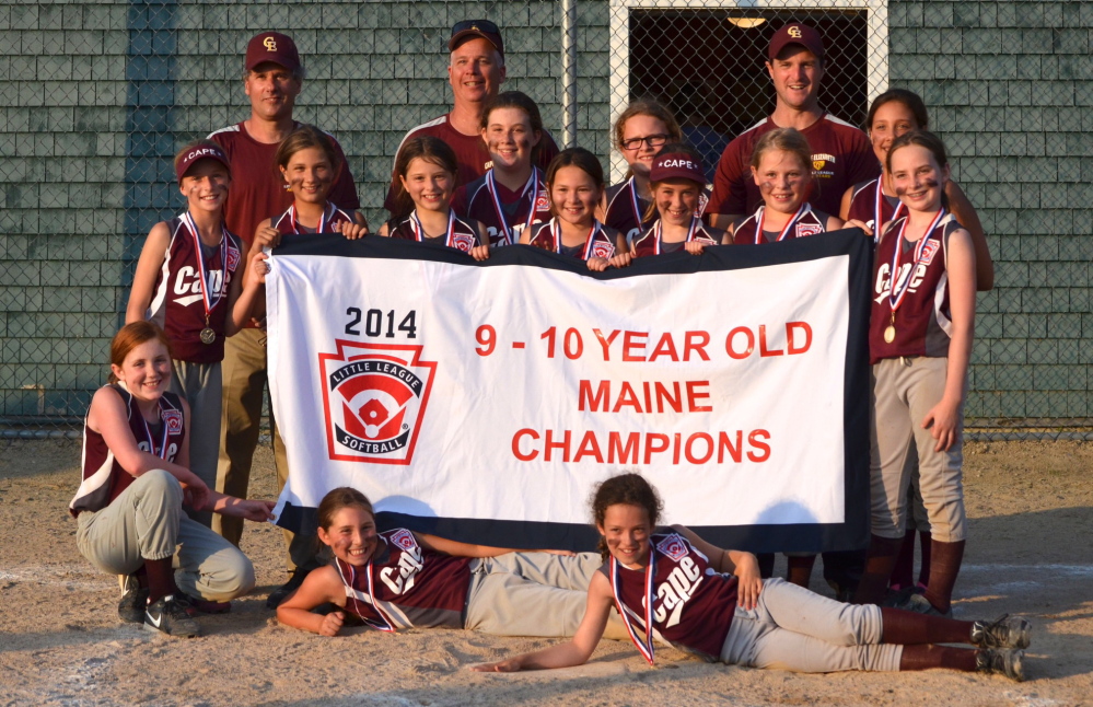 Cape Elizabeth captured the Little League softball state championship for 9- and 10-year-olds, defeating South Lewiston 9-1 in the championship game. Cape Elizabeth qualified for the Eastern Regional in Old Forge, Pennsylvania, starting Aug. 1. Team members, from left to right: Front – Abigail Scifres, Dana Schwartz and Hannah Mosher; Middle row – Helena Rieger, Clara Parker, Kathryne Clay, Anna Cornell, Esme Song, Katherine Callahan, Analise Gordon, Katharine Blackburn, Haley McIntyre and Abby Agrodnia; Back – Coach Mark Parker, Coach Jim Cornell, Coach Jeffrey Schwartz.