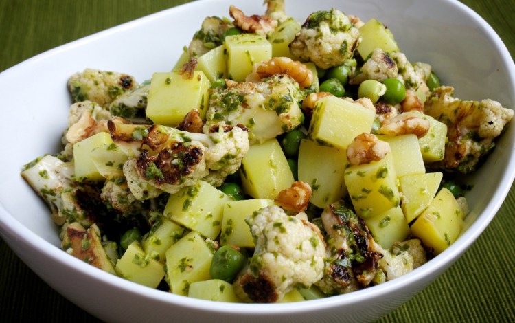Pasta such as gemelli can be be added to make Pesto Cauliflower and Potato Salad more substantial.