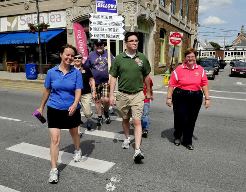 Democratic U.S. Senate candidate Shenna Bellows walks Thursday in downtown Waterville, where she touted an endorsement from Maine’s largest labor organization.