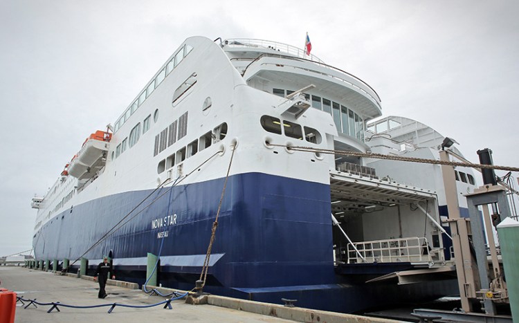 The Nova Star cruise ship sits in port a few hours before its maiden voyage, in Portland on May 15, 2014. The ferry carried an average of 112 passengers per trip in June, up slightly from May but still just one-tenth of its capacity. In July, the ferry carried an average of 217 passengers per trip. 
