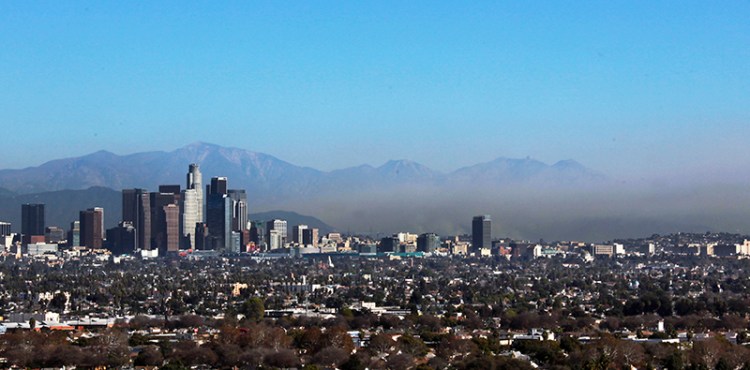 The Los Angeles skyline, with downtown seen at left. The Associated Press