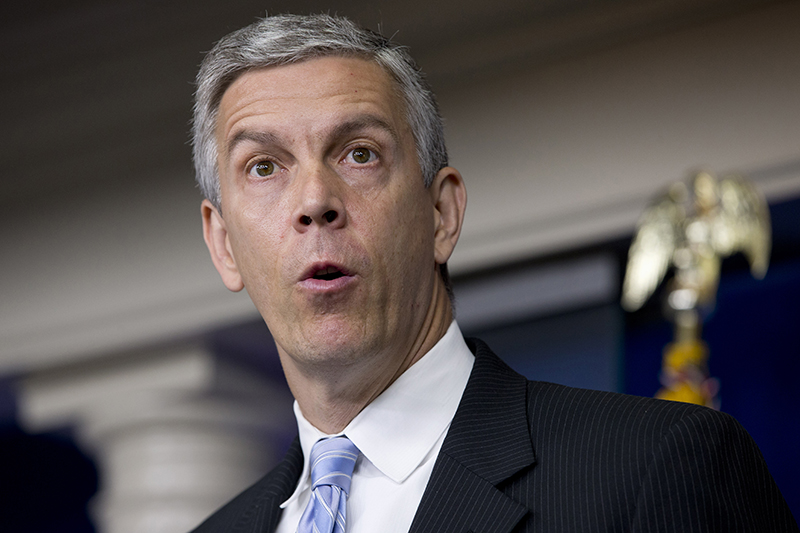 Education Secretary Arne Duncan speaks about education, Monday, during the daily briefing at the White House in Washington. The nation's largest teachers' union wants Duncan to quit. The Associated Press