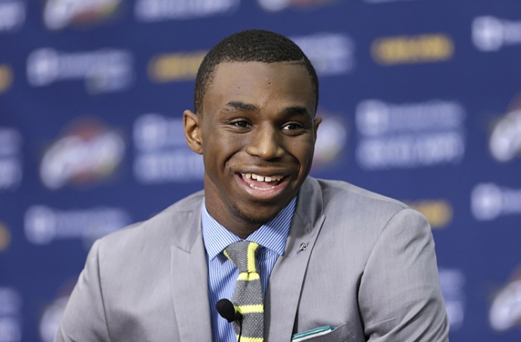 Cleveland Cavaliers' Andrew Wiggins answers questions during a news conference. The Associated Press