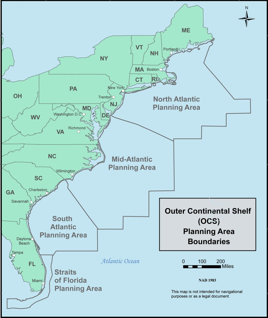 The Bureau of Ocean Energy Management estimates that 4.72 billion barrels of recoverable oil and 37.51 trillion cubic feet of recoverable natural gas lies beneath federal waters from Florida to Maine. The north Atlantic area will continue to remain closed to exploration for the time being, but President Obama has approved exploration in the tmid-Atlantic and south Atlantic zones.