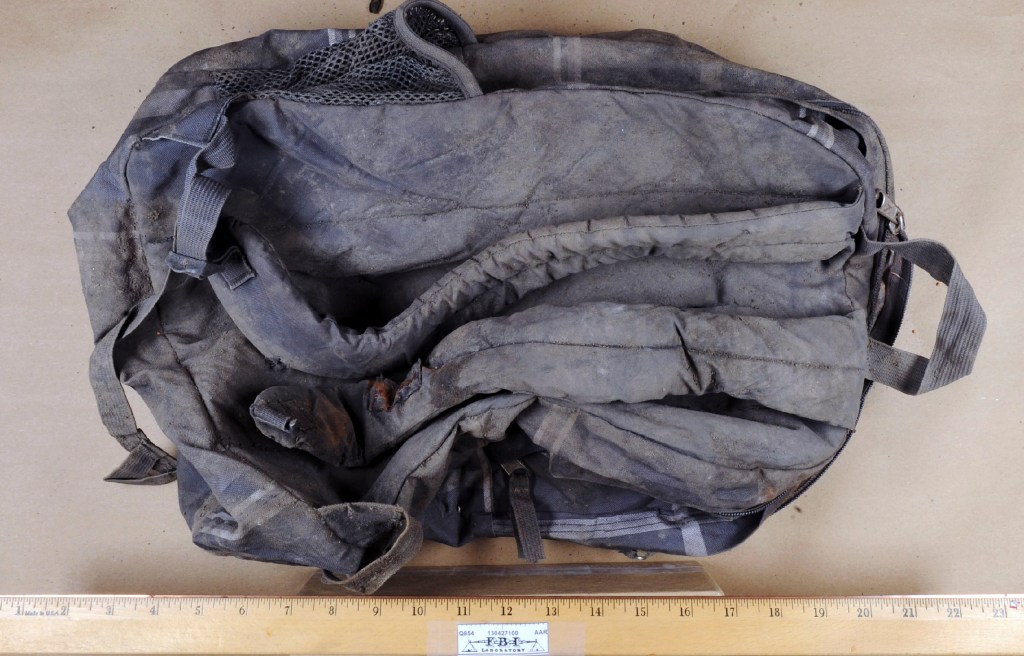 This photo released by the U.S. Attorney's Office and presented as government evidence during the trial of Azamat Tazhayakov, shows the backpack retrieved from a landfill in New Bedford, Mass., during the investigation of the Boston Marathon bombing. 

The Associated Press