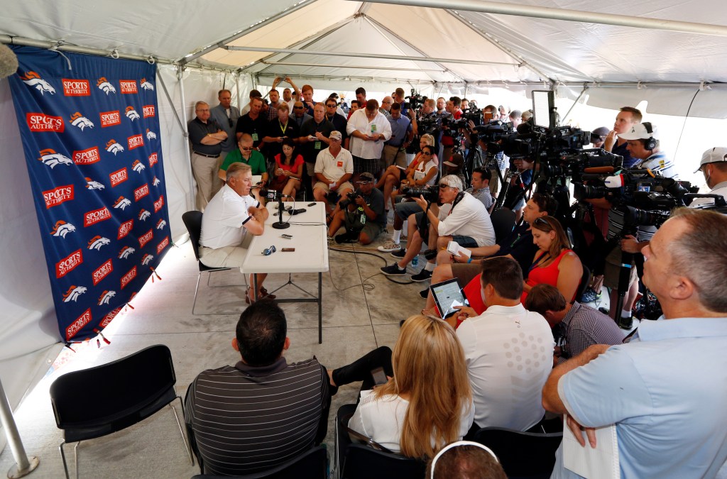 John Elway, Denver Broncos executive vice president of football operations, talks to the media during a news conference announcing that Broncos owner Pat Bowlen is giving up control of the team because of Alzheimer's disease, Wednesday, July 23, at the teams headquarters in Englewood, Colo. The Associated Press