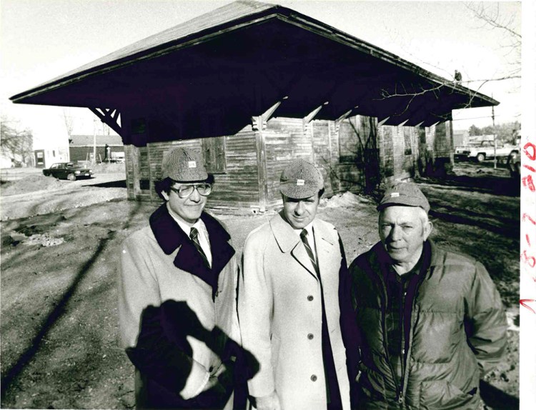 In this December 1979 photograph, Gorham's Elm Street railroad station, built in 1853, is shown shortly before its renovation into The Gorham Station, a 90-seat restaurant. From left: 
Gorham Town Manager Donald Gerrish, restaurant owner Richard Groton and Town Council chairman C. Russell  Boothby.