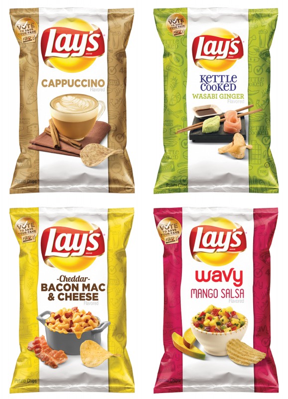 The four finalists for Frito-Lay's second-annual "Do Us a Flavor" contest: Cappuccino, Wasabi Ginger, Cheddar Bacon Mac & Cheese, and Mango Salsa.
