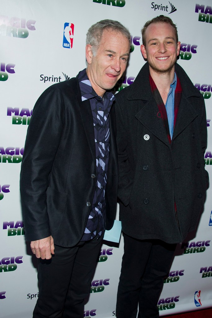 In this April 11, 2012 file photo, John McEnroe and his son Kevin arrive for the opening night performance of the Broadway play "Magic/Bird" in New York. Kevin McEnroe was arrested Tuesday, during an alleged drug sale in New York's East Village.
