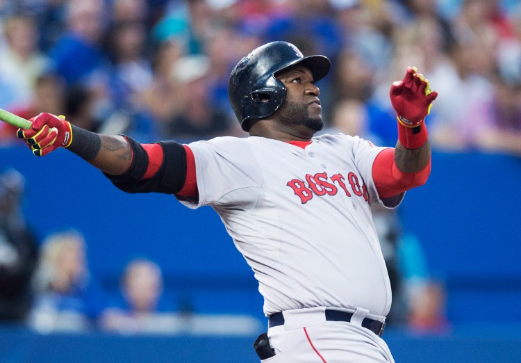David Ortiz hits his second two-run home run of the game during the fifth inning of Monday's game against the Toronto Blue Jays in Toronto.