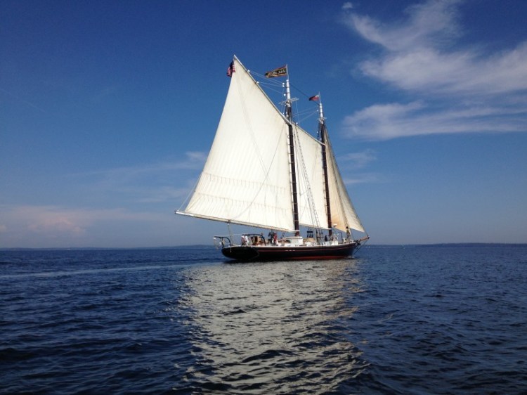The  J&E Riggin sailing on Penobscot Bay in September 2013.  More than 75 percent of the schooner's food, supplies and labor come from within a 100-mile radius of its home port in Rockland.