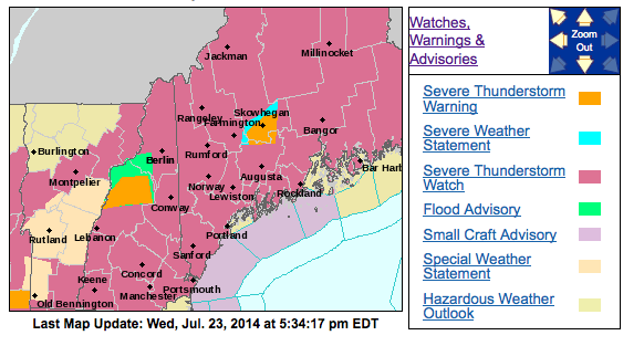 The pink area on the National Weather Service forecast map shows the area under a severe thunderstorm watch tonight.